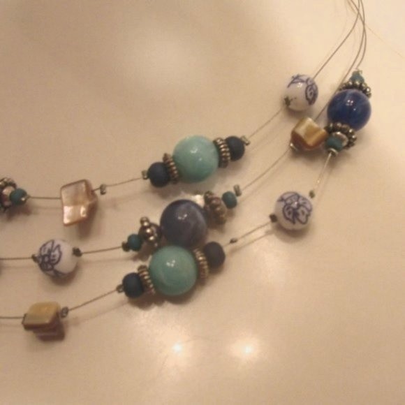 Layered Glass Genuine Stones MOP Stainless Steel Floating Necklace - Picture 8 of 12